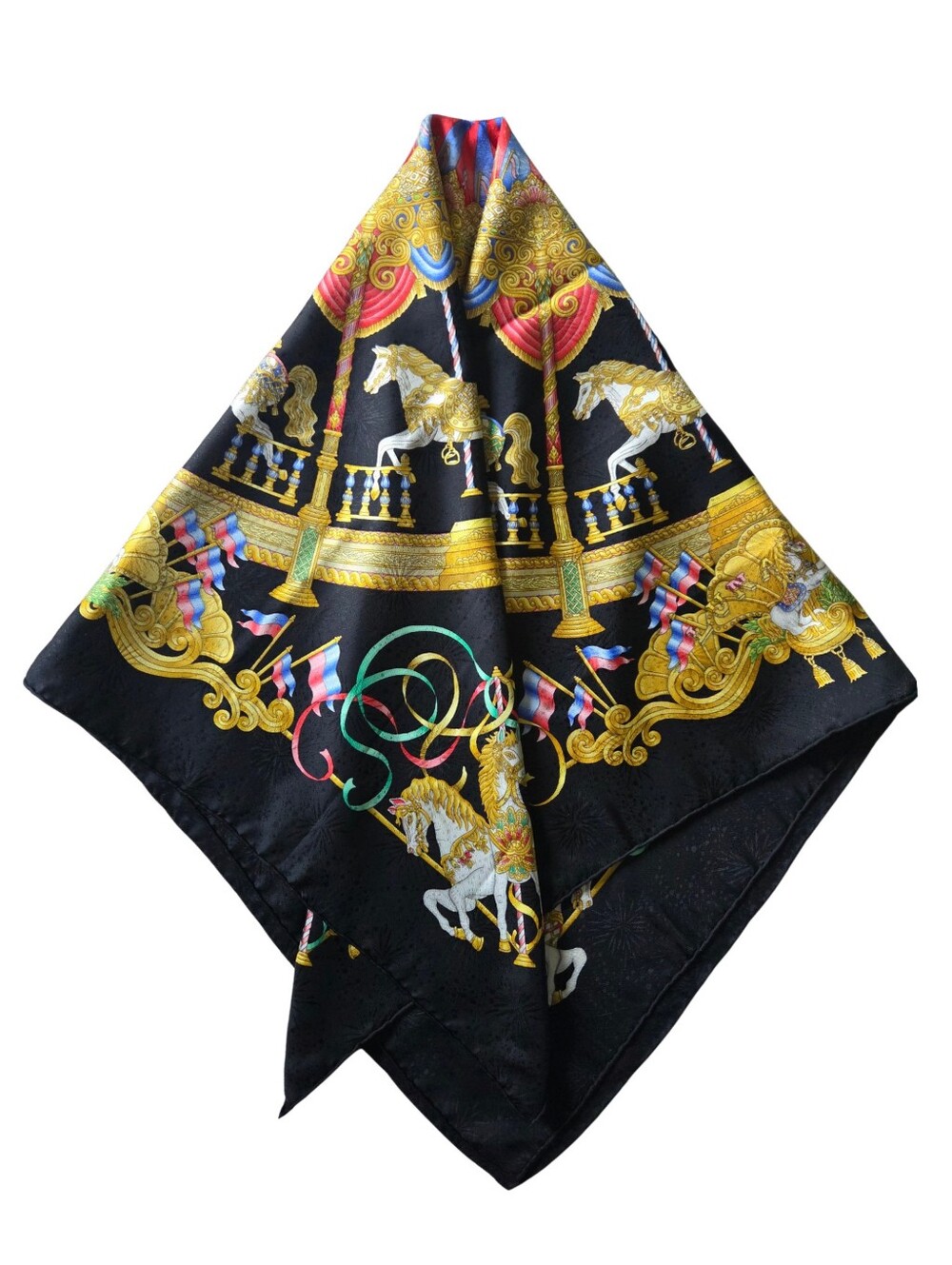Hermes MINT Luna Park Silk Scarf 90cm/ 35" Black Carousel Horses Gold Pink Blue - Picture 10 of 17